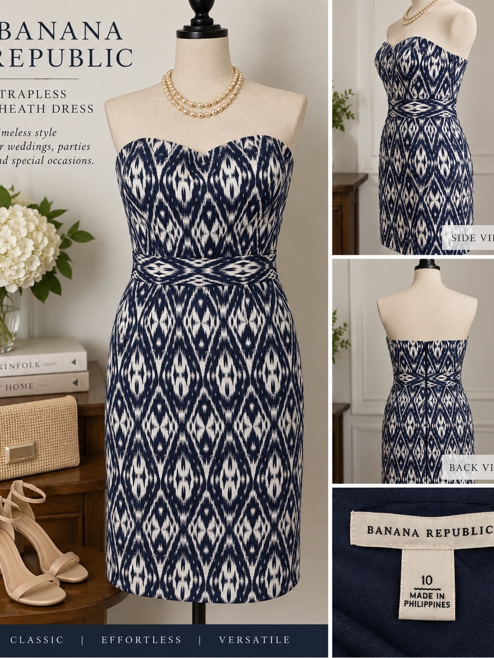 Banana Republic Navy and White Strapless Ikat Sheath Dress Size 10